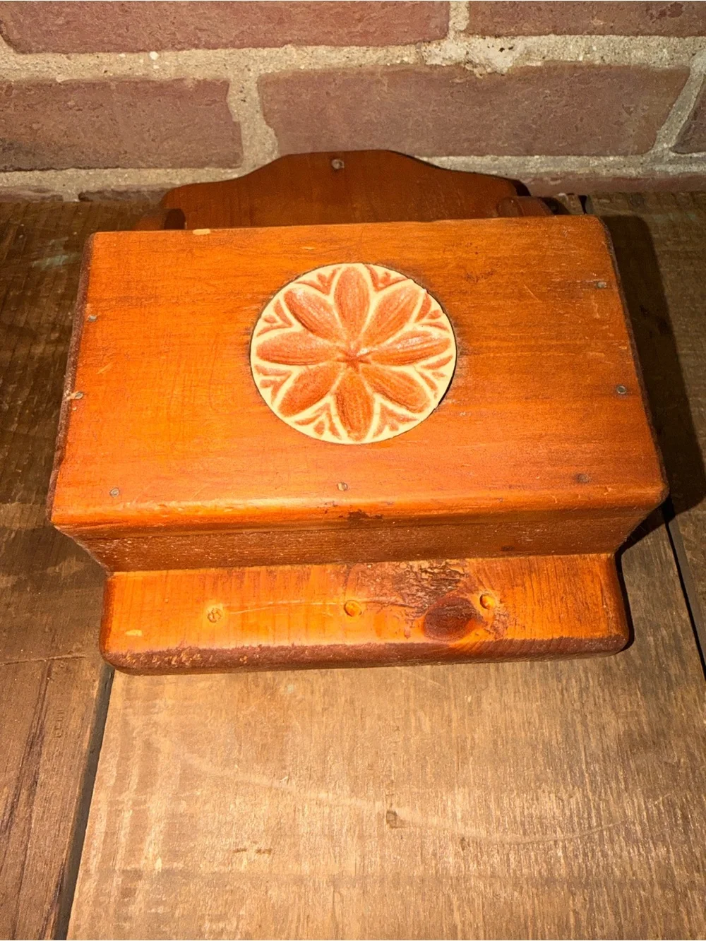 Rustic Wooden Wall Pocket Mail with Floral Medallion - Orange Wood Farmhouse